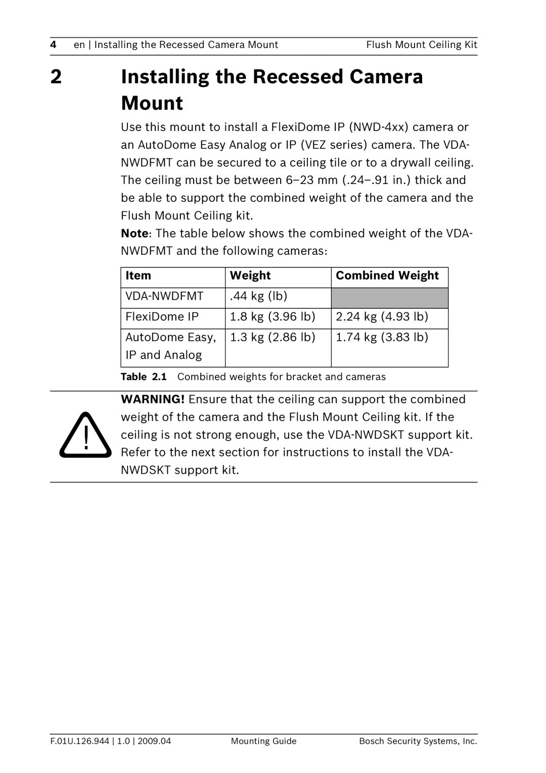 Bosch Appliances VDA-NWDFMT manual Installing the Recessed Camera Mount 