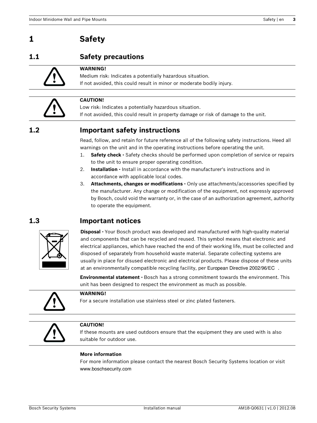 Bosch Appliances VDA-WMT installation manual 1Safety, Safety precautions, Important safety instructions, Important notices 