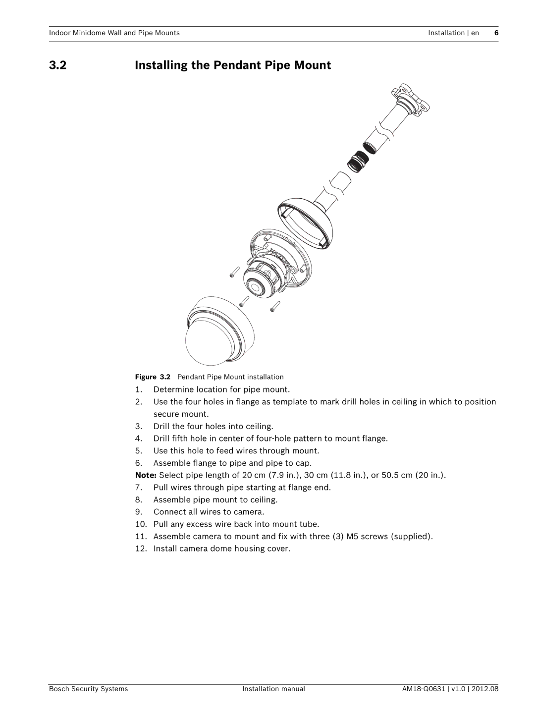 Bosch Appliances VDA-WMT installation manual Installing the Pendant Pipe Mount, Pendant Pipe Mount installation 