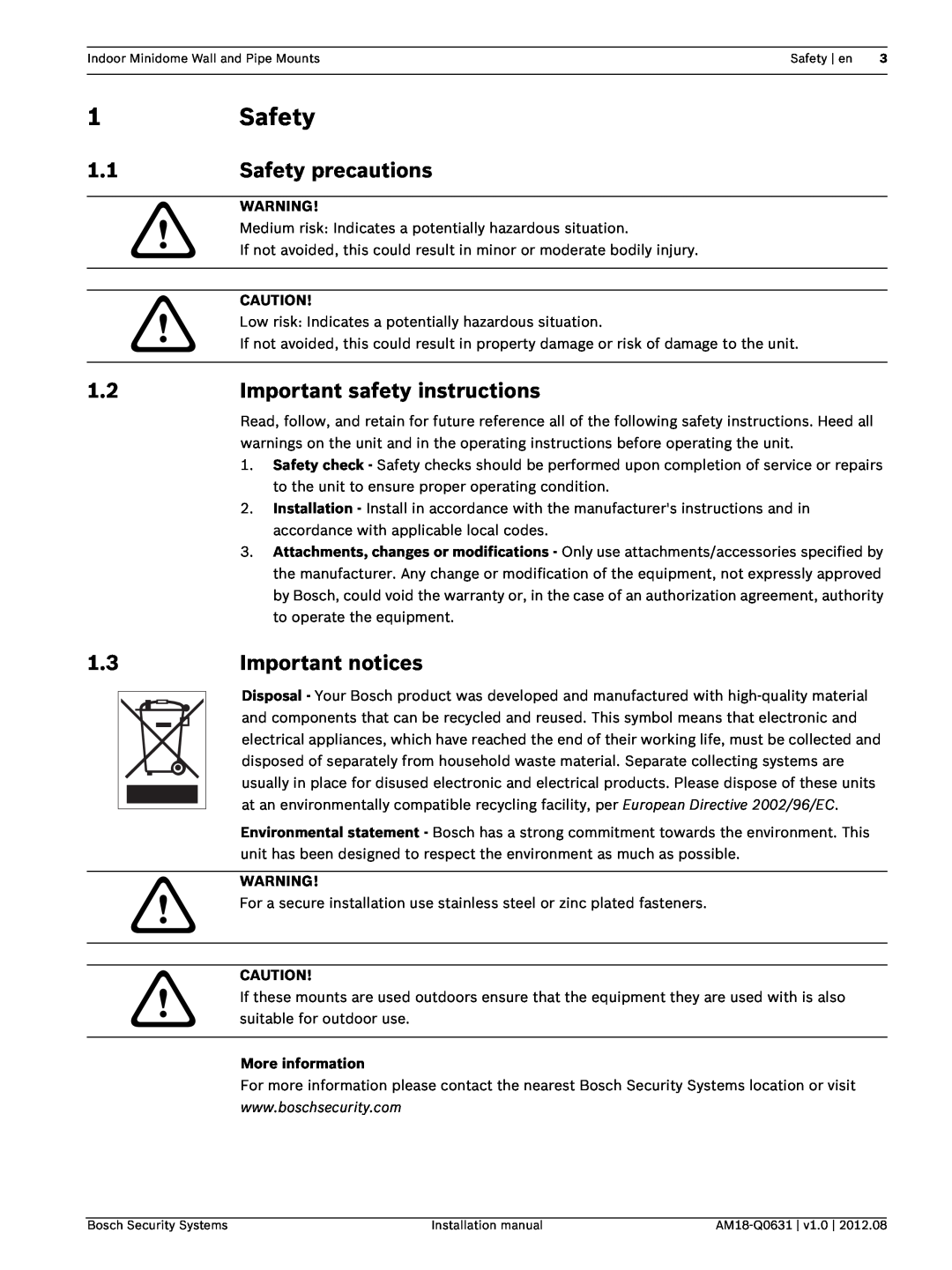 Bosch Appliances VDA-WMT 1Safety, Safety precautions, Important safety instructions, Important notices, More information 