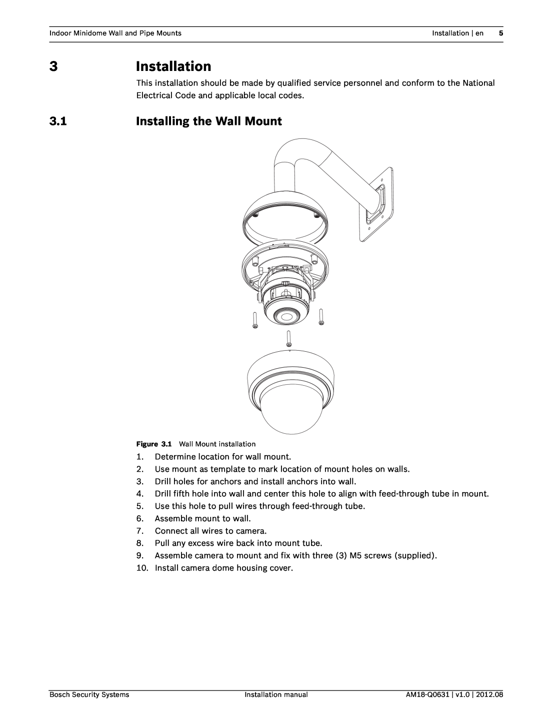 Bosch Appliances VDA-WMT installation manual 3Installation, Installing the Wall Mount 