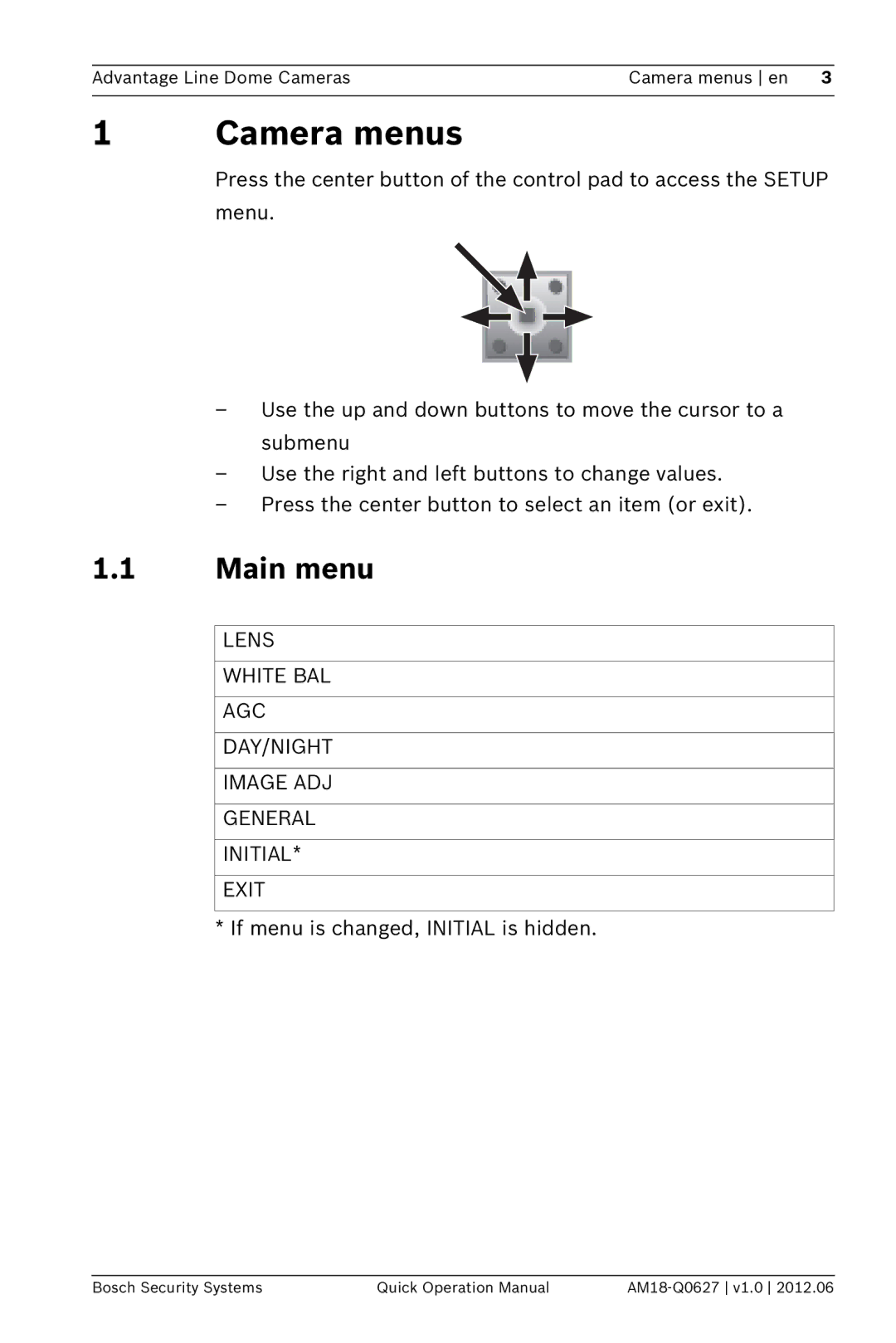 Bosch Appliances VDC-240, VDI-240, VDC-250 manual Camera menus, Lens White BAL AGC DAY/NIGHT Image ADJ General Initial Exit 