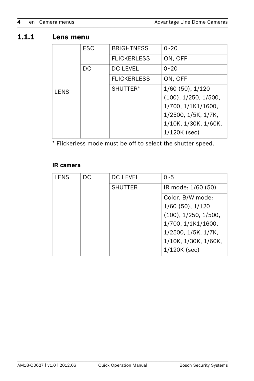 Bosch Appliances VDC-260 manual Lens menu, ESC Brightness, Flickerless ON, OFF DC Level, Flickerless ON, OFF Lens Shutter 