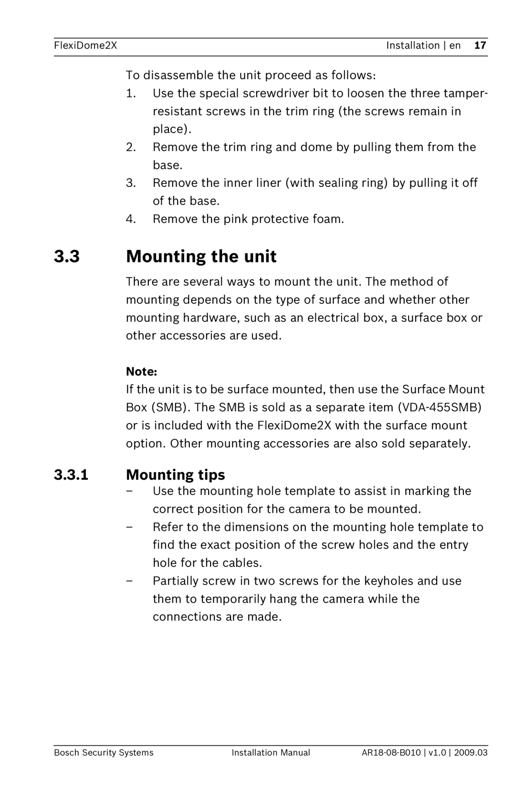 Bosch Appliances VDN-0498 installation manual Mounting the unit, Mounting tips 