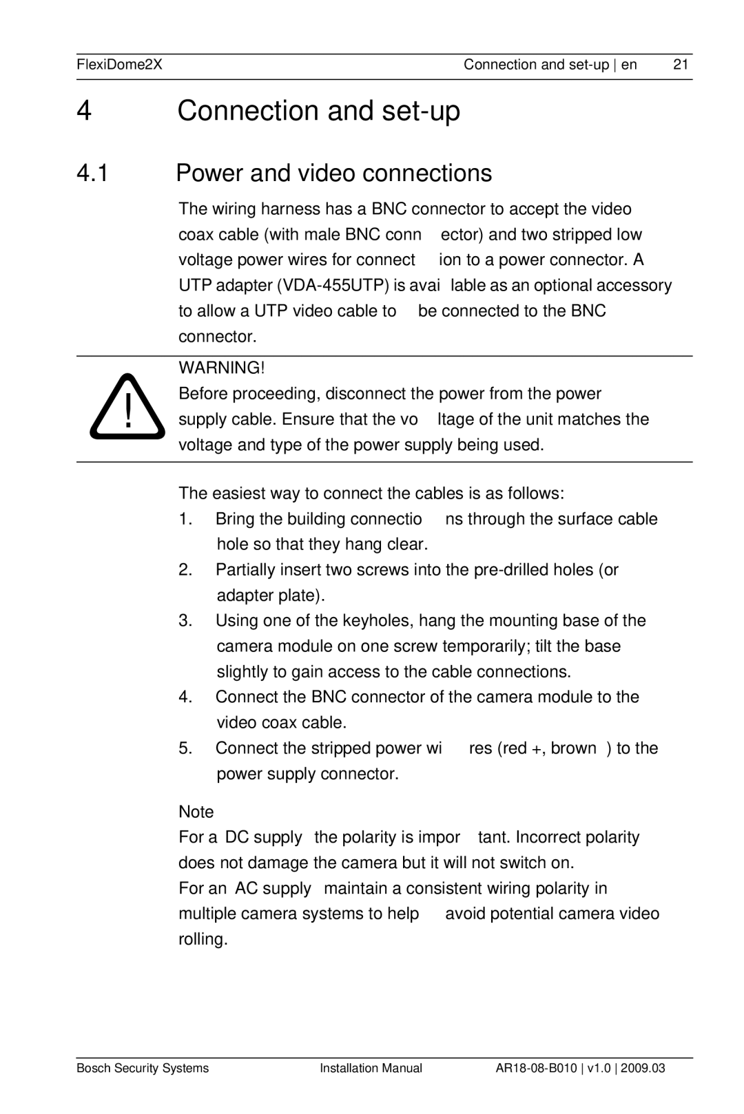 Bosch Appliances VDN-0498 installation manual Connection and set-up, Power and video connections 