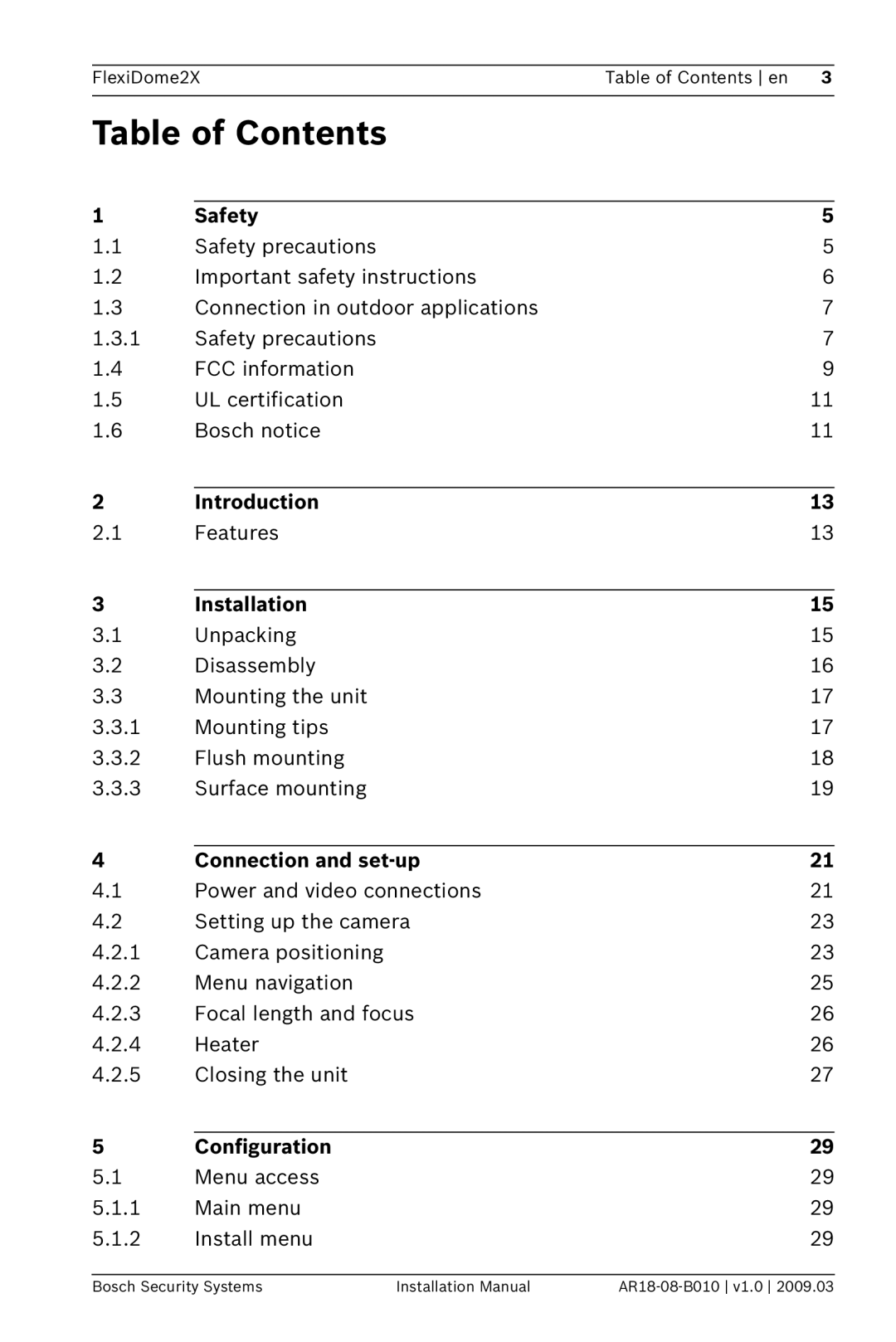 Bosch Appliances VDN-0498 installation manual Table of Contents 