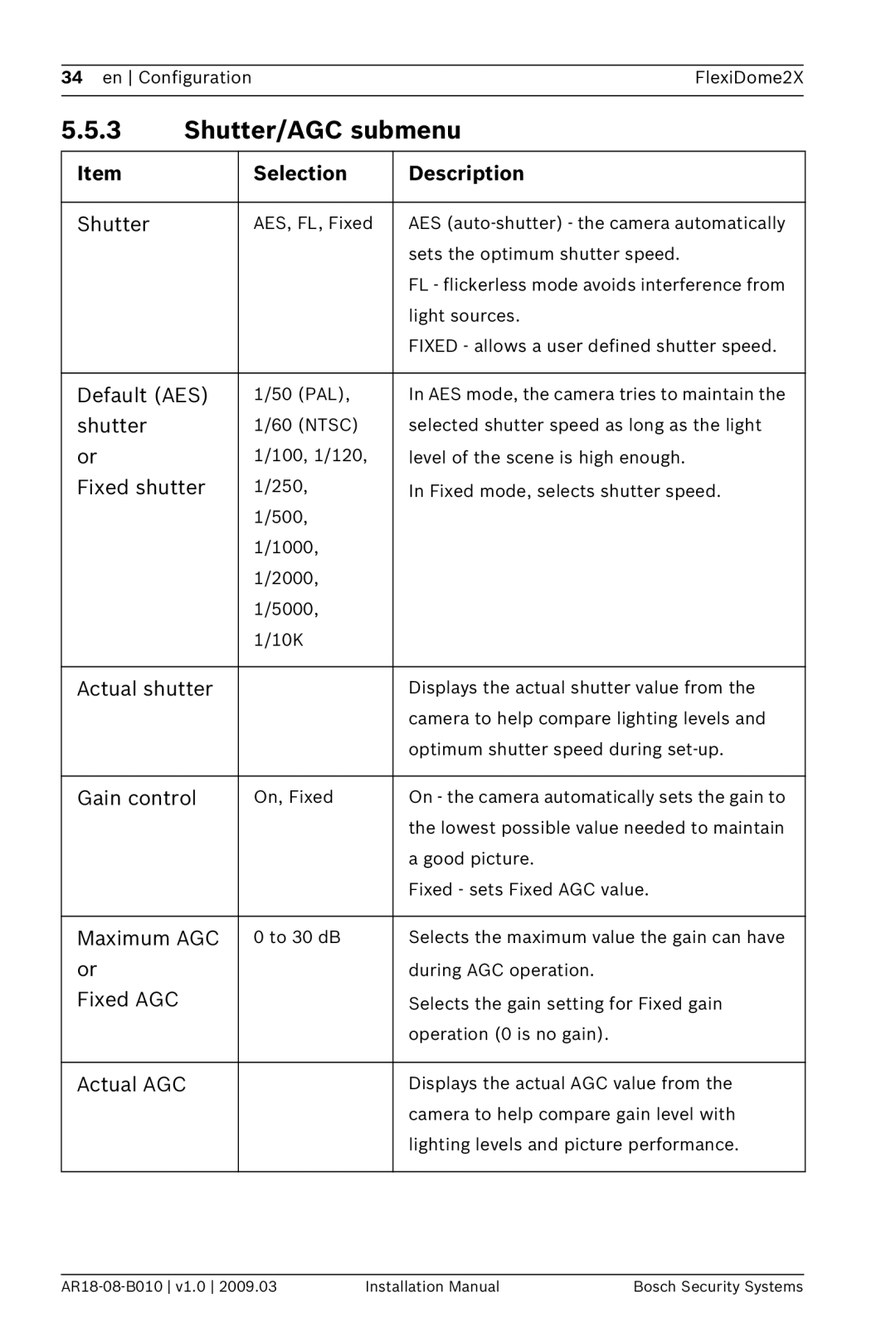 Bosch Appliances VDN-0498 installation manual Shutter/AGC submenu 