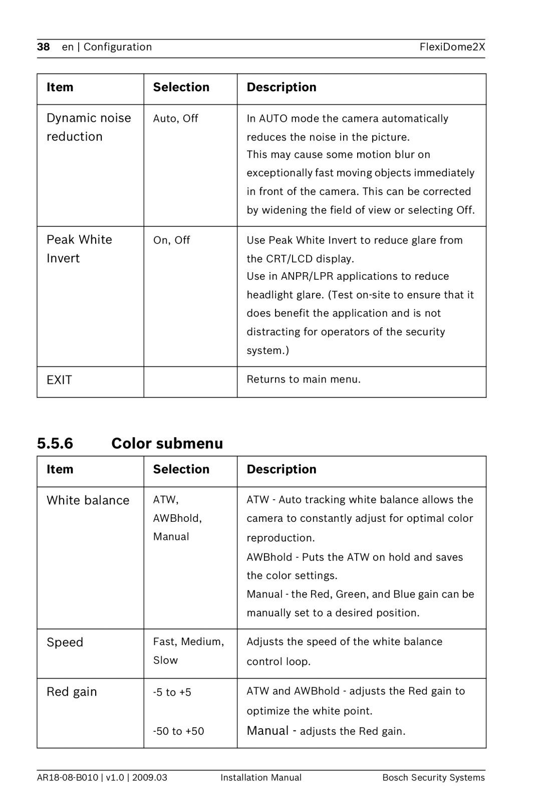 Bosch Appliances VDN-0498 installation manual Color submenu 