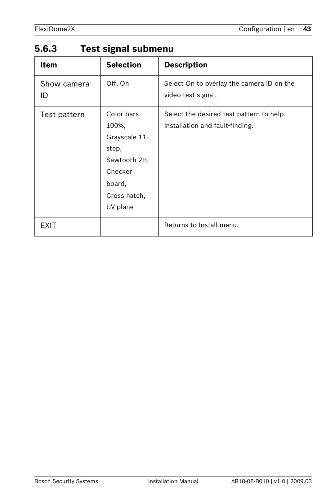 Bosch Appliances VDN-0498 installation manual Test signal submenu, Show camera, Test pattern 