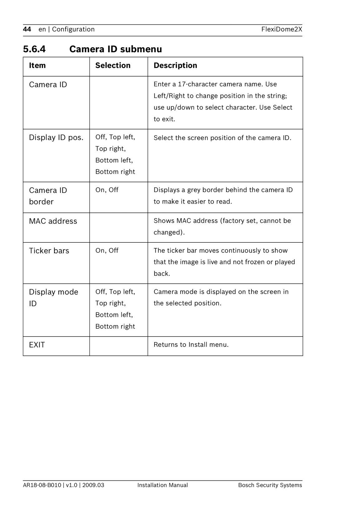 Bosch Appliances VDN-0498 installation manual Camera ID submenu 