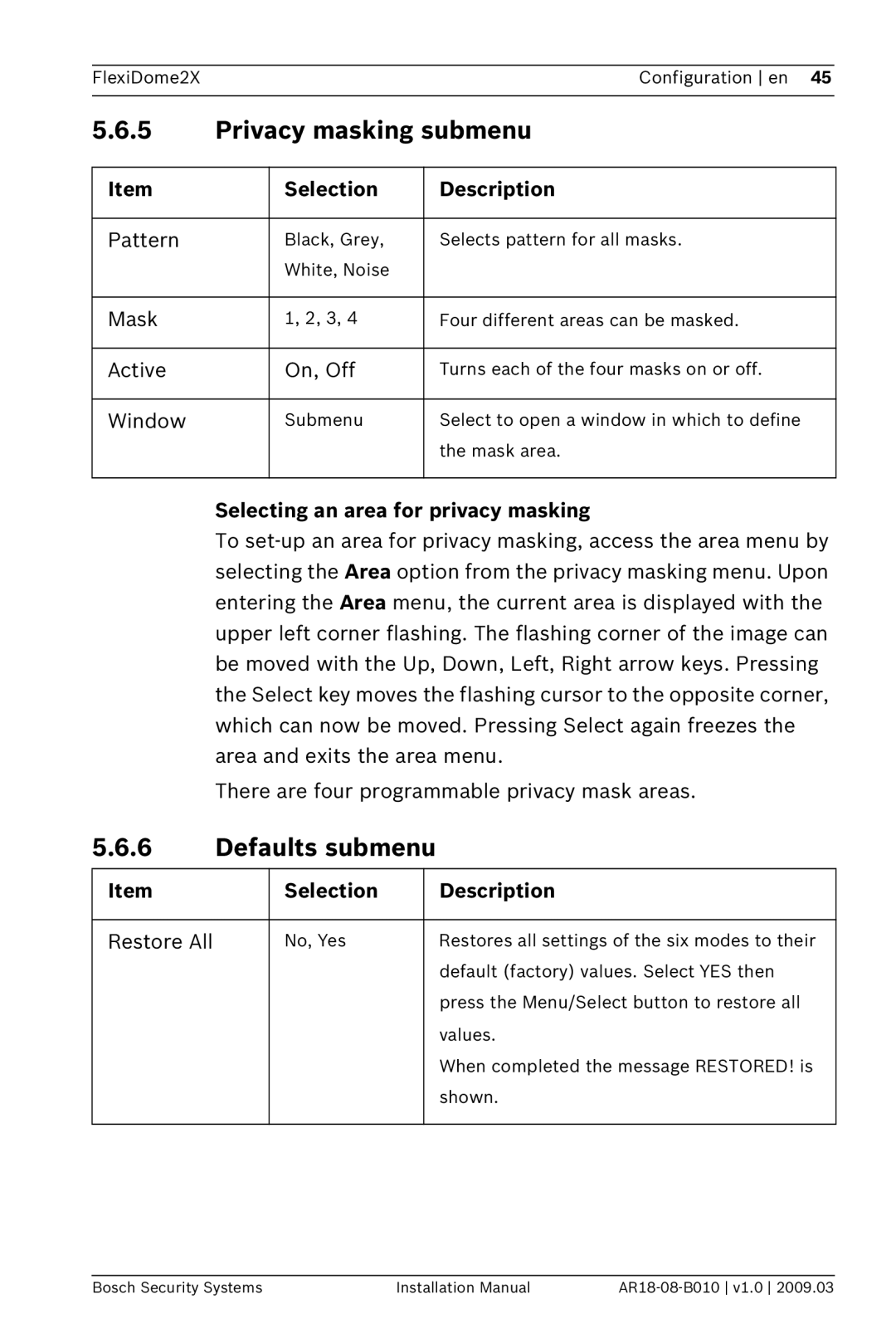 Bosch Appliances VDN-0498 Privacy masking submenu, Defaults submenu, Selecting an area for privacy masking 