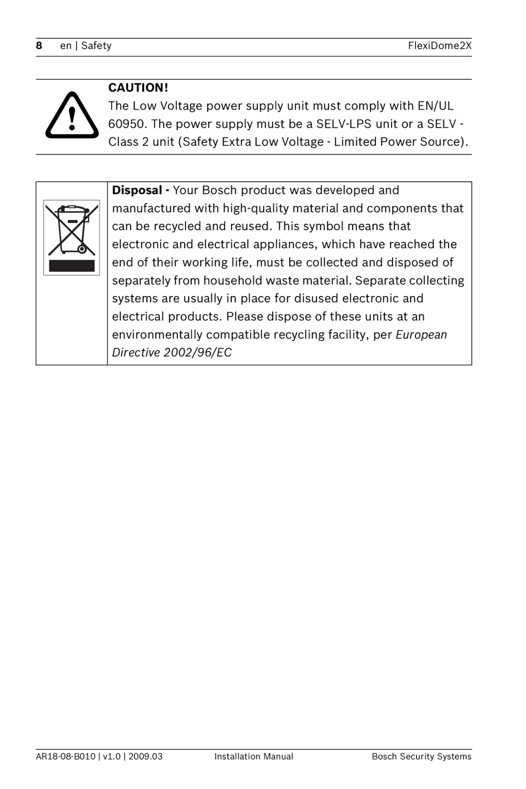 Bosch Appliances VDN-0498 installation manual En Safety FlexiDome2X 