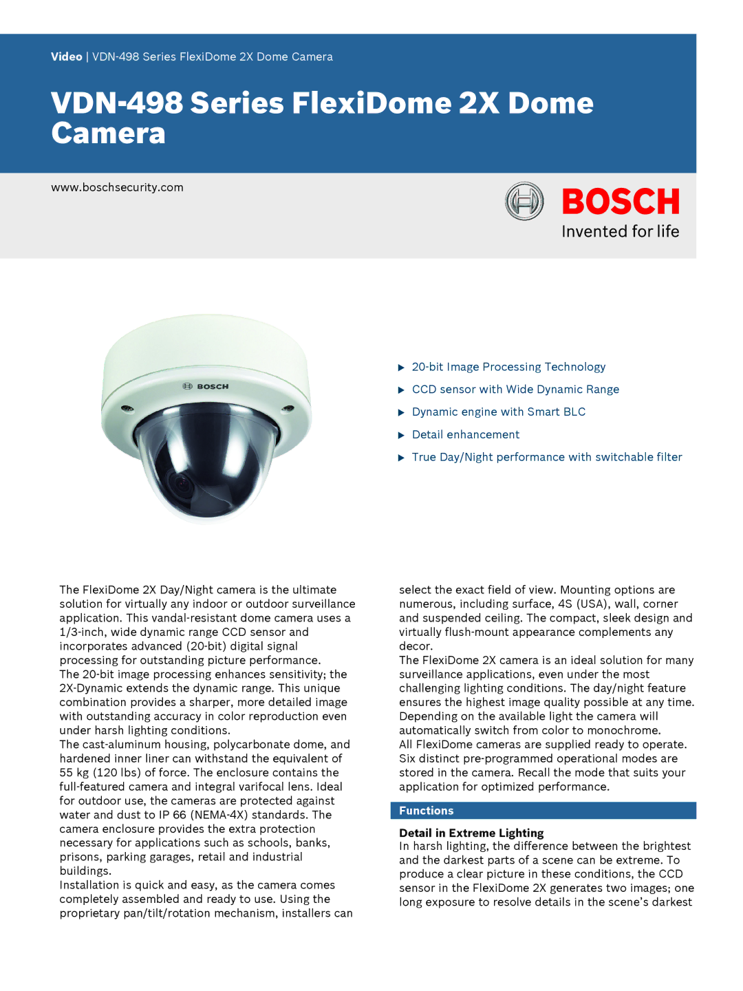 Bosch Appliances VDN-498 manual Functions, Detail in Extreme Lighting 