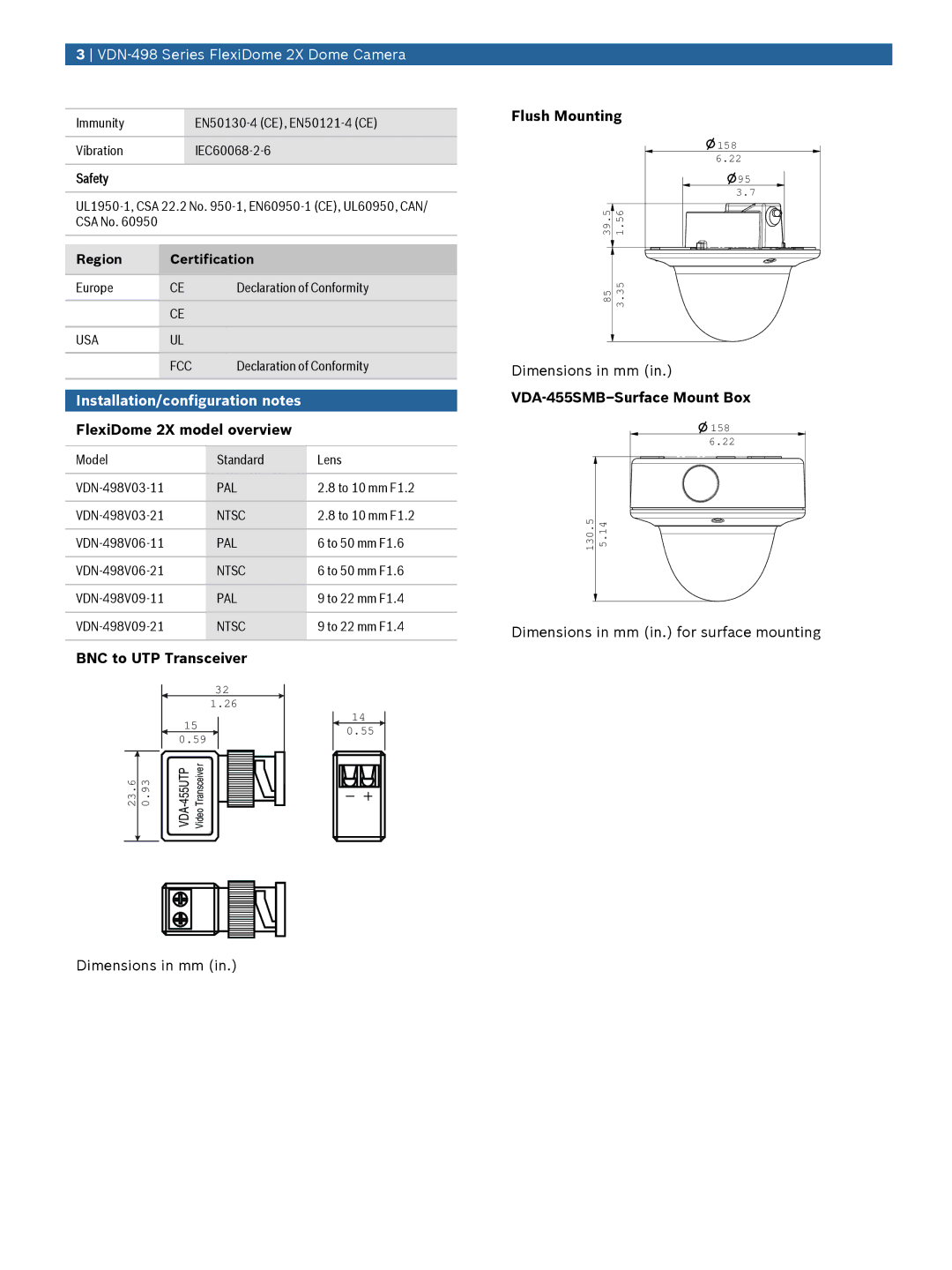 Bosch Appliances VDN-498 manual Installation/configuration notes, FlexiDome 2X model overview, BNC to UTP Transceiver 