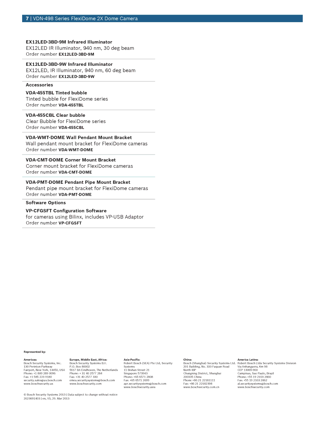 Bosch Appliances VDN-498 manual EX12LED IR Illuminator, 940 nm, 30 deg beam, EX12LED, IR Illuminator, 940 nm, 60 deg beam 