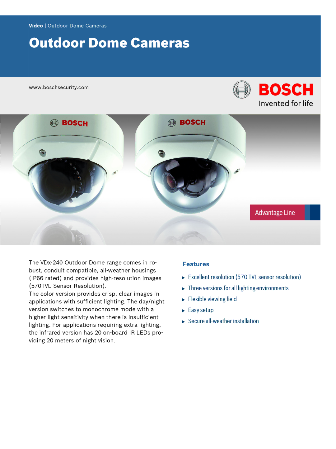 Bosch Appliances VDx-240 manual Outdoor Dome Cameras 