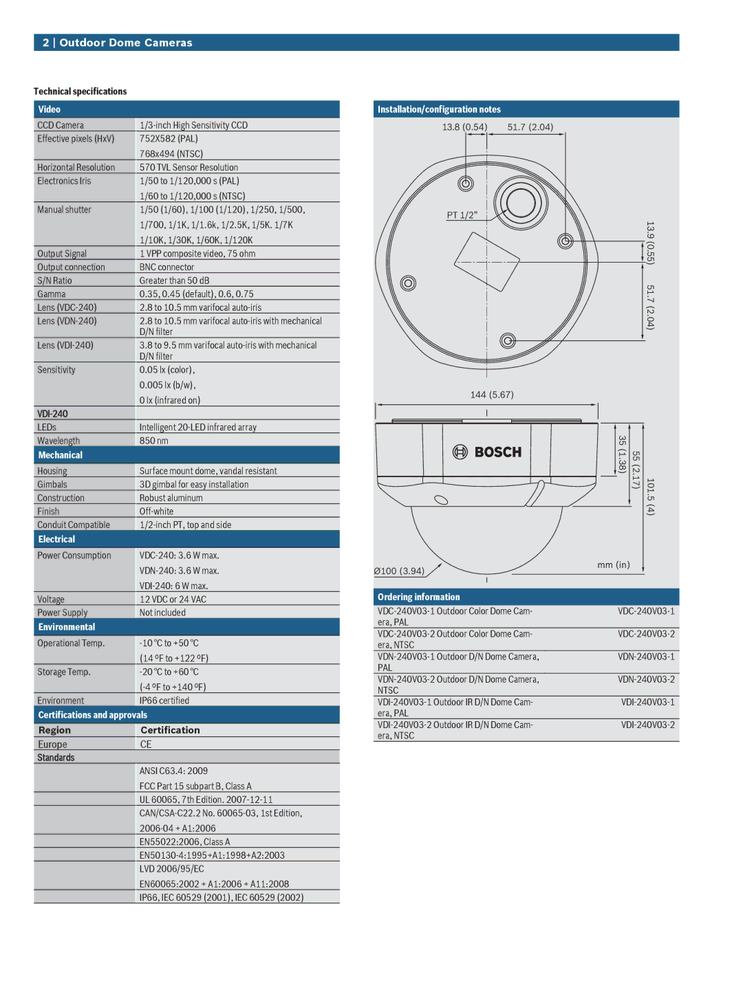 Bosch Appliances VDx-240 Video, Mechanical, Electrical, Environmental, Certifications and approvals, Ordering information 