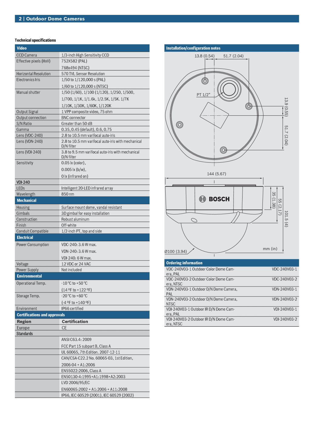 Bosch Appliances VDx-240 Outdoor Dome Cameras, Europe, Technical specifications, Video, VDI-240, Mechanical, Electrical 
