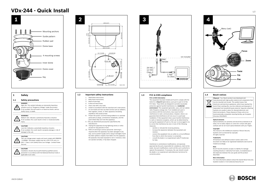 Bosch Appliances VDx-244 important safety instructions Safety precautions, Important safety instructions, Zoom, Twist, Pan 