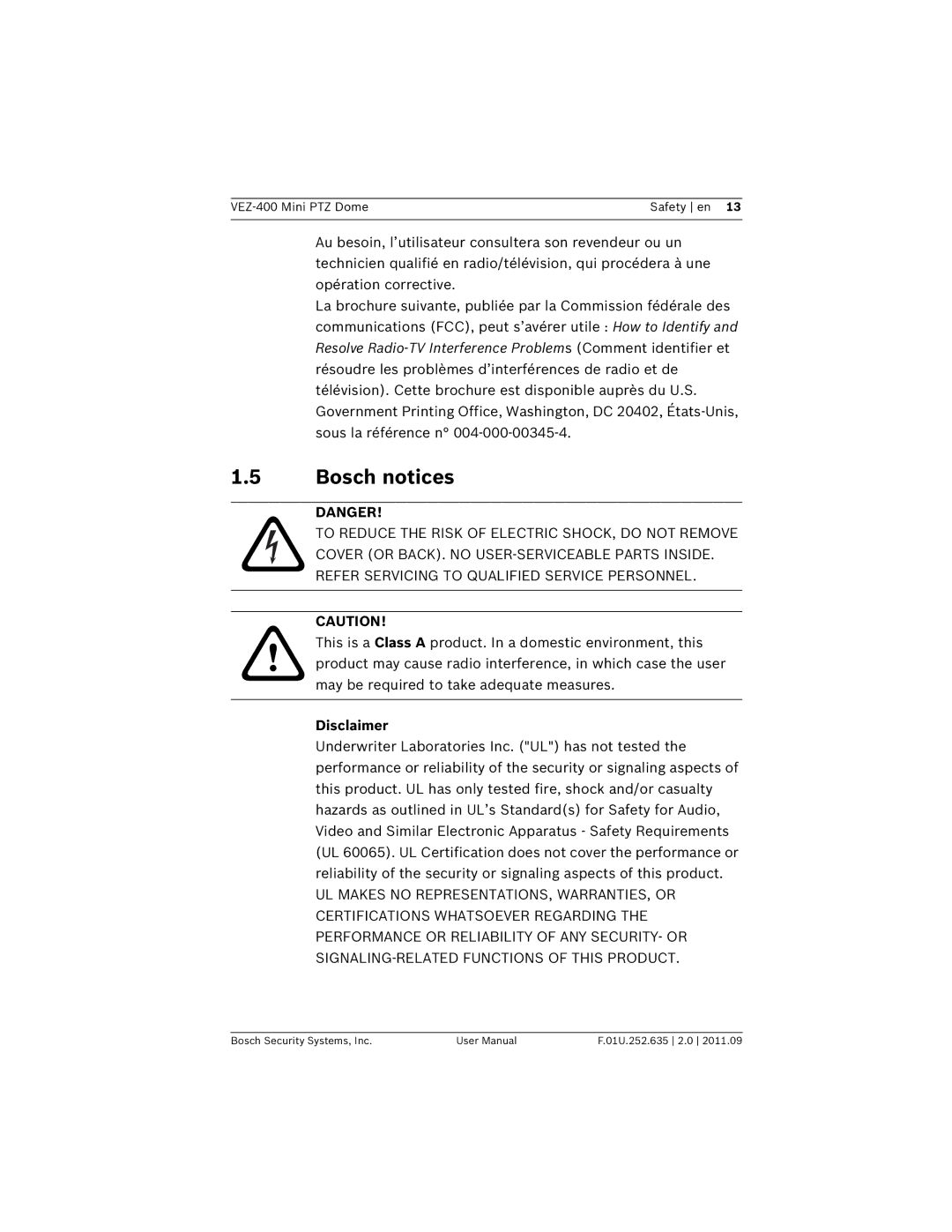 Bosch Appliances VEZ-400 user manual Bosch notices, Disclaimer 