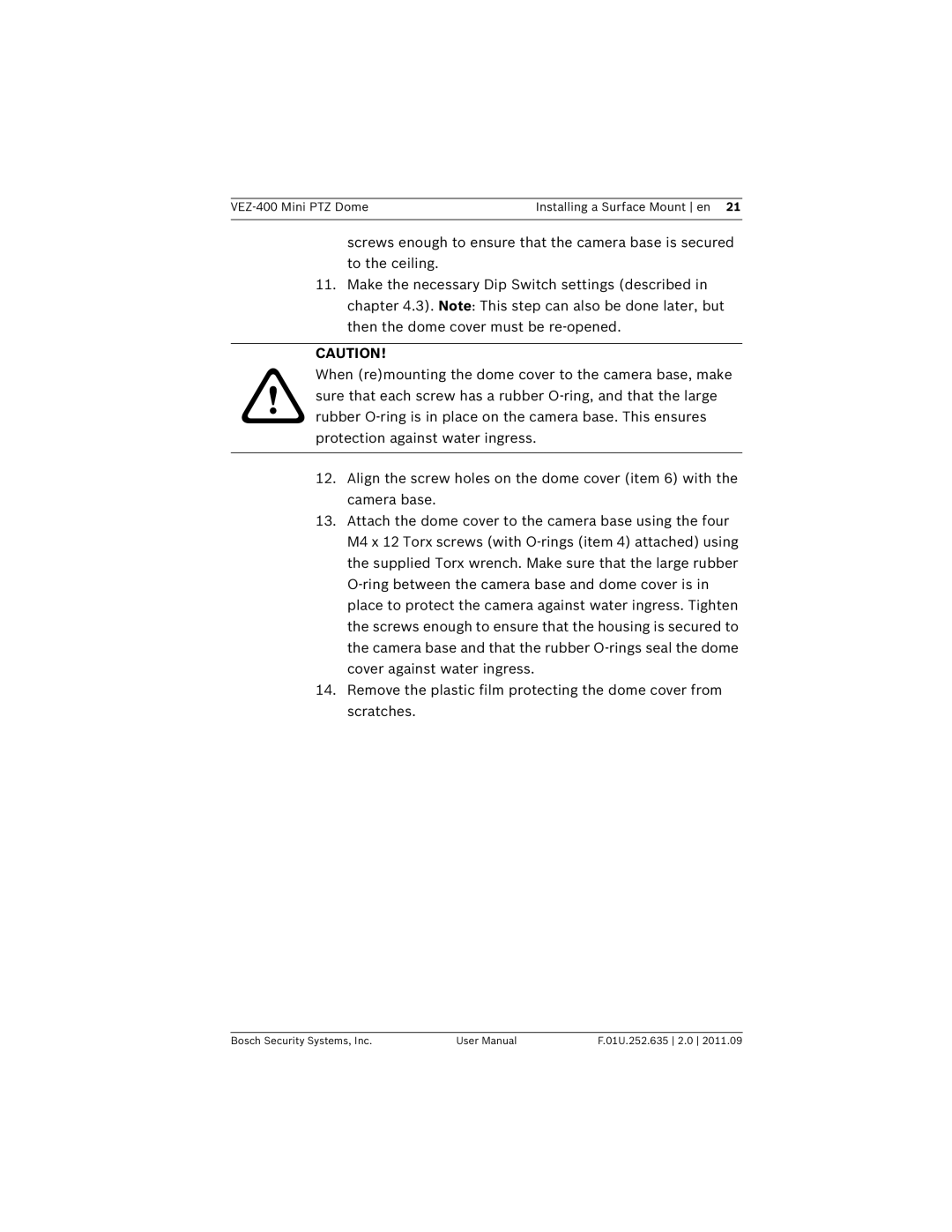 Bosch Appliances user manual VEZ-400 Mini PTZ Dome Installing a Surface Mount en 