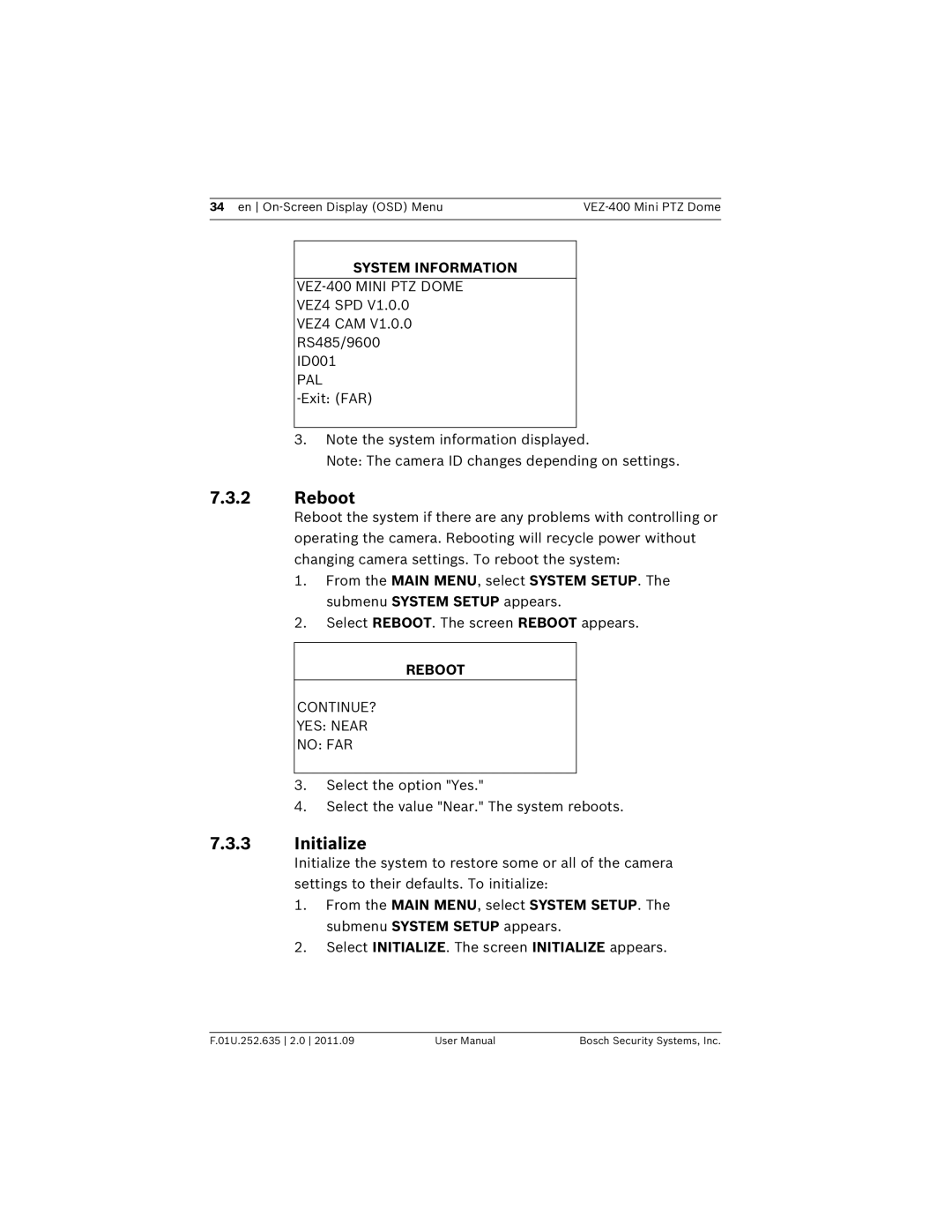 Bosch Appliances VEZ-400 user manual Reboot, Initialize, System Information 