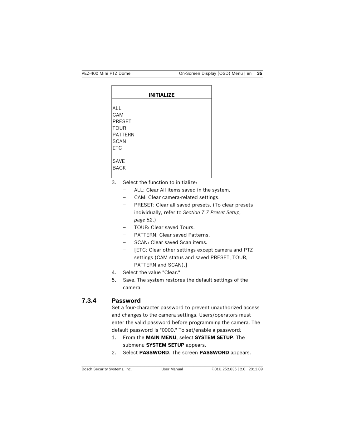Bosch Appliances VEZ-400 user manual Password, Initialize, ALL CAM Preset Tour Pattern Scan ETC Save Back 