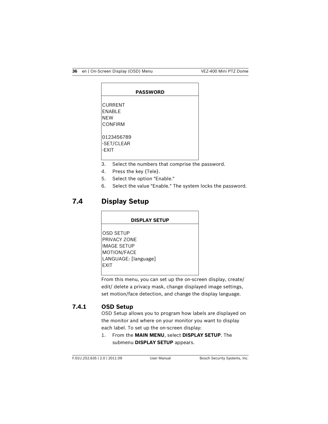 Bosch Appliances VEZ-400 user manual Display Setup, OSD Setup, Password 