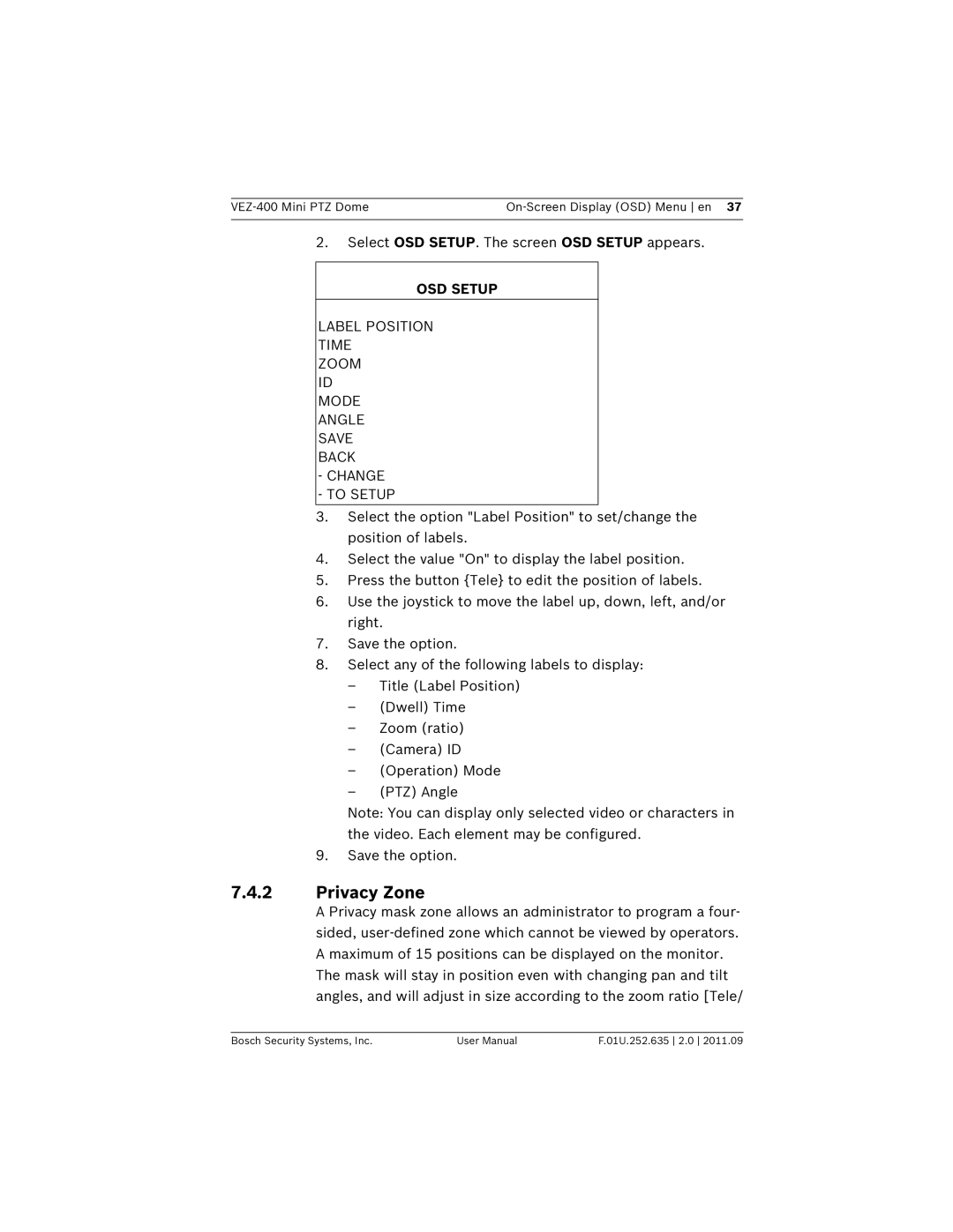 Bosch Appliances VEZ-400 user manual Privacy Zone, OSD Setup 