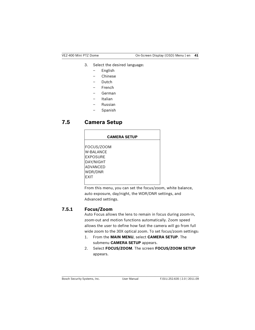 Bosch Appliances VEZ-400 user manual Camera Setup, Focus/Zoom, FOCUS/ZOOM Balance Exposure DAY/NIGHT Advanced WDR/DNR Exit 