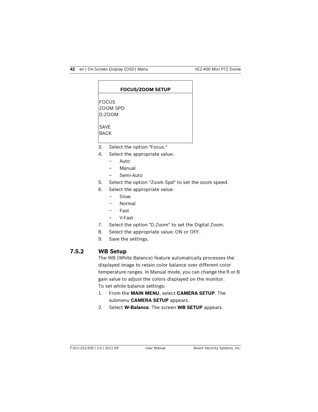 Bosch Appliances VEZ-400 user manual WB Setup, FOCUS/ZOOM Setup, Focus Zoom SPD Save Back 