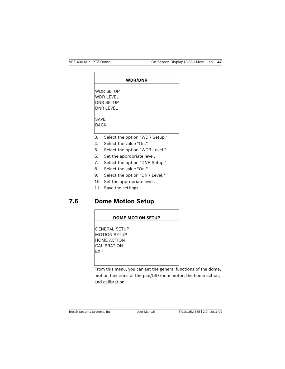 Bosch Appliances VEZ-400 user manual Dome Motion Setup, Wdr/Dnr, WDR Setup WDR Level DNR Setup DNR Level Save Back 