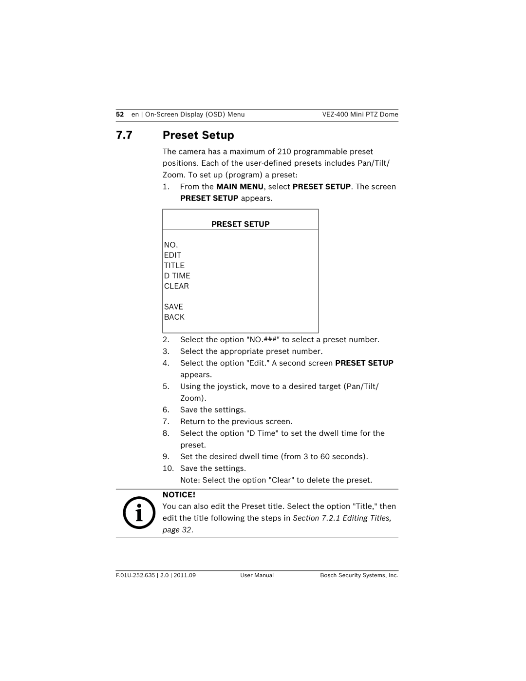 Bosch Appliances VEZ-400 user manual Preset Setup, Edit Title Time Clear Save Back 