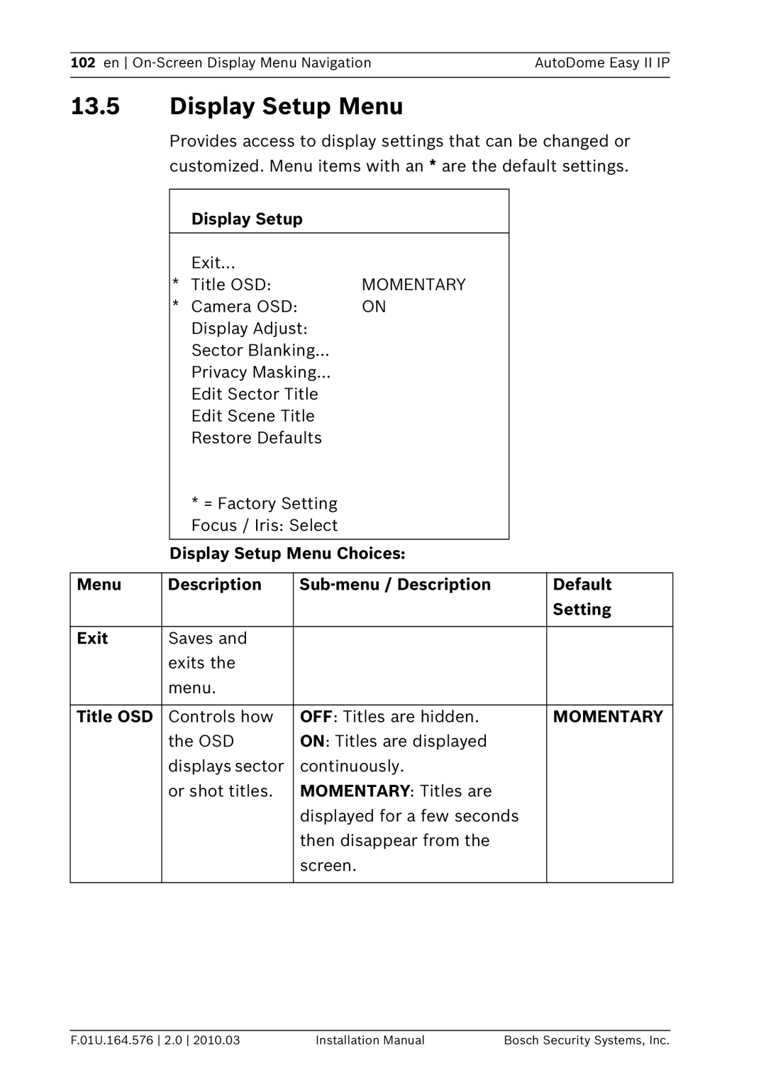 Bosch Appliances VEZ installation manual Display Setup Menu, Title OSD, Momentary 