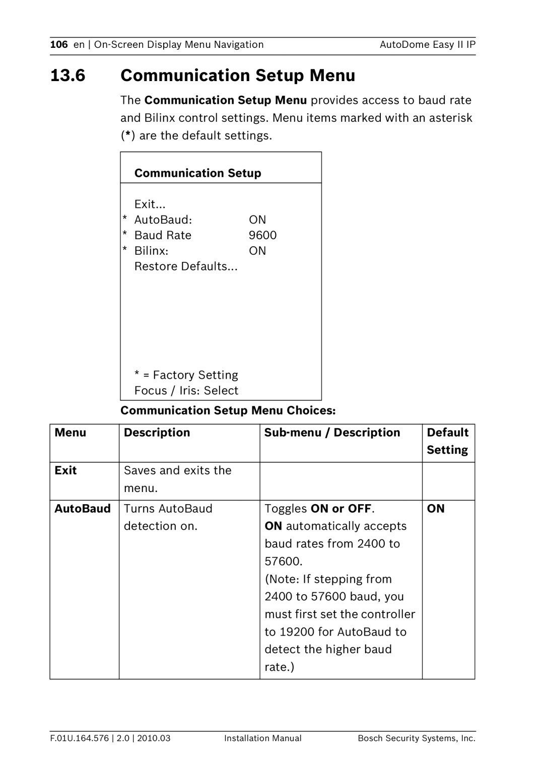 Bosch Appliances VEZ installation manual Communication Setup Menu, AutoBaud 