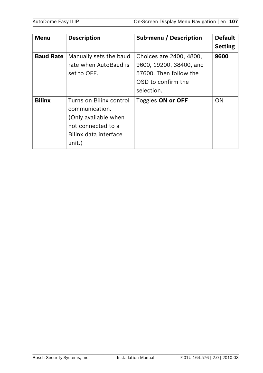 Bosch Appliances VEZ installation manual Manually sets the baud Choices are 2400, 9600, Bilinx 