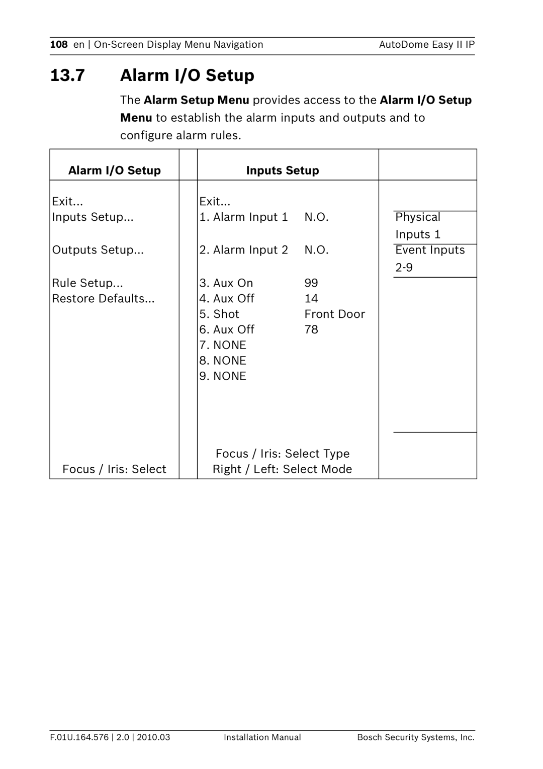 Bosch Appliances VEZ Alarm Setup Menu provides access to the Alarm I/O Setup, Alarm I/O Setup Inputs Setup 