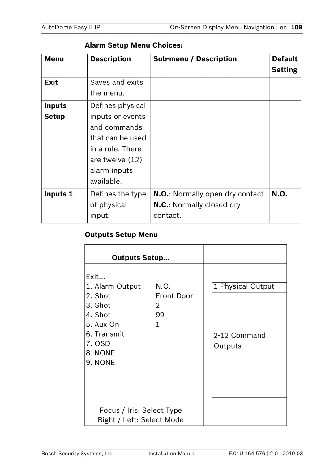 Bosch Appliances VEZ installation manual Inputs, Defines physical, Outputs Setup Menu 