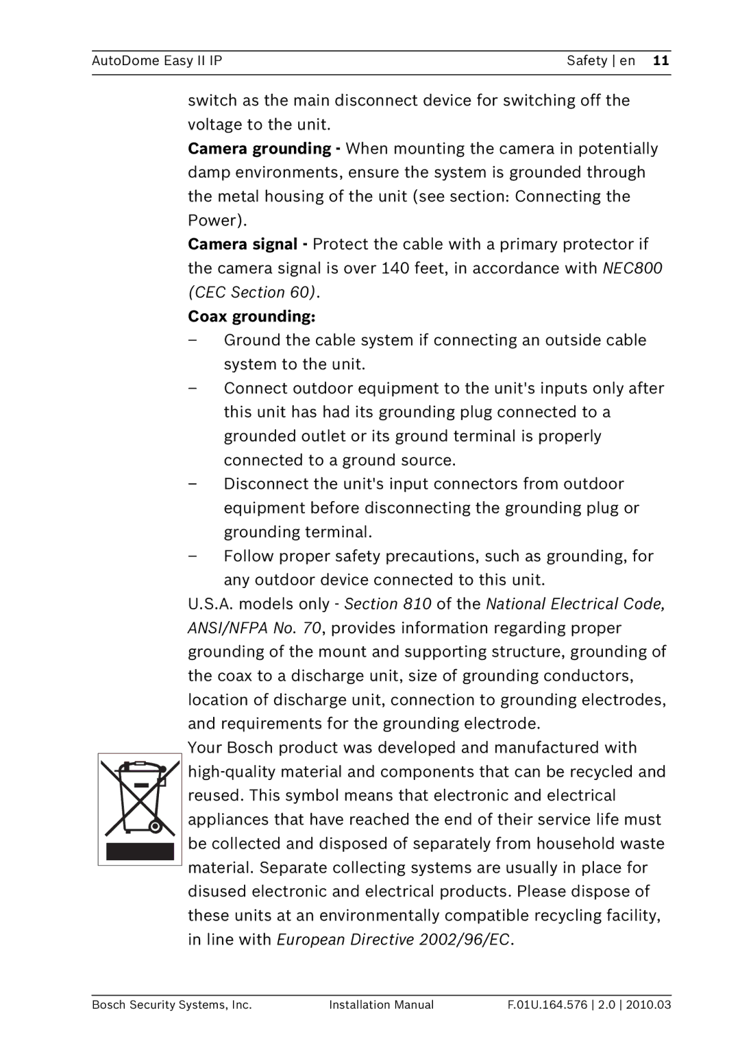 Bosch Appliances VEZ installation manual Coax grounding 