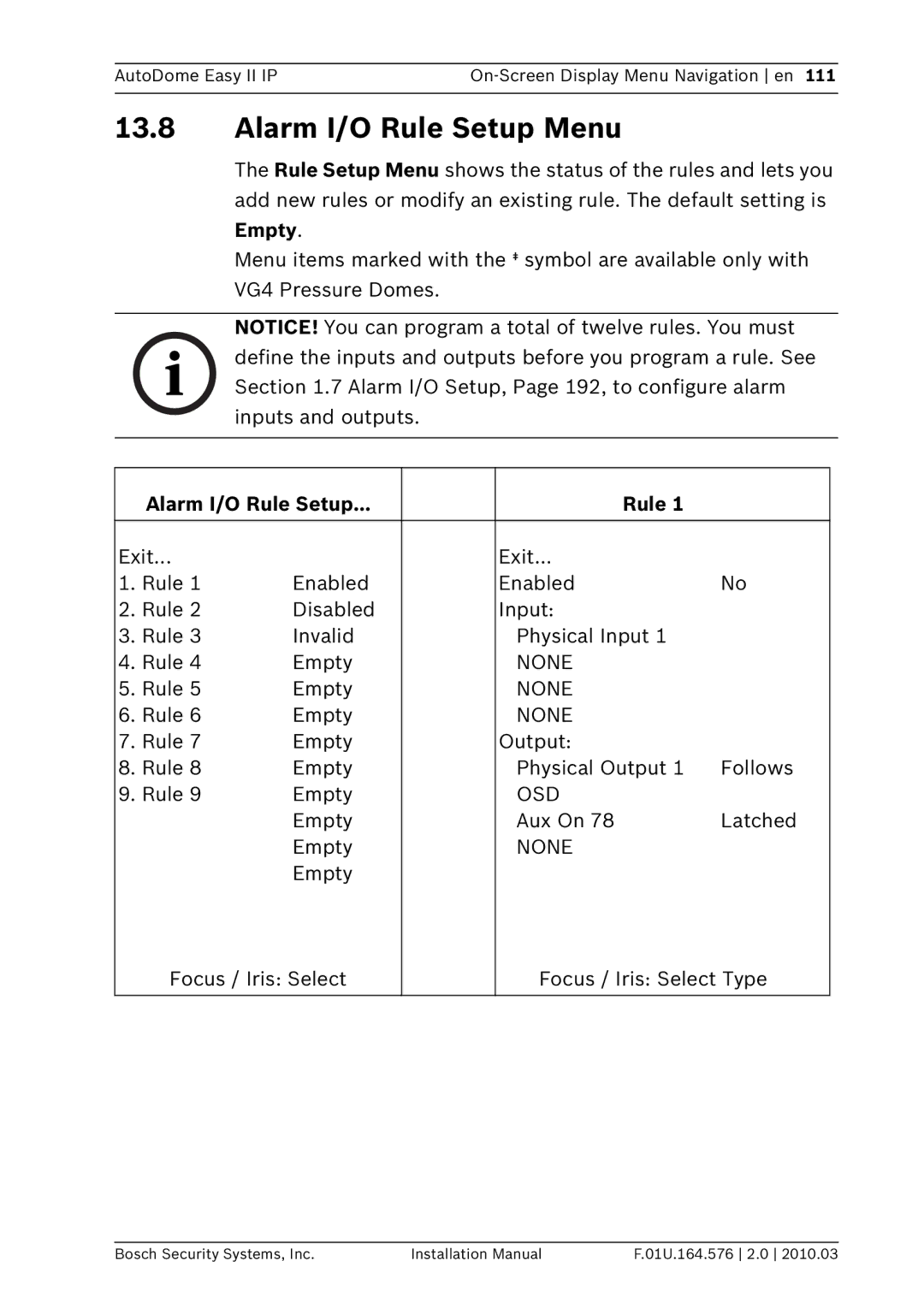 Bosch Appliances VEZ installation manual Alarm I/O Rule Setup Menu 