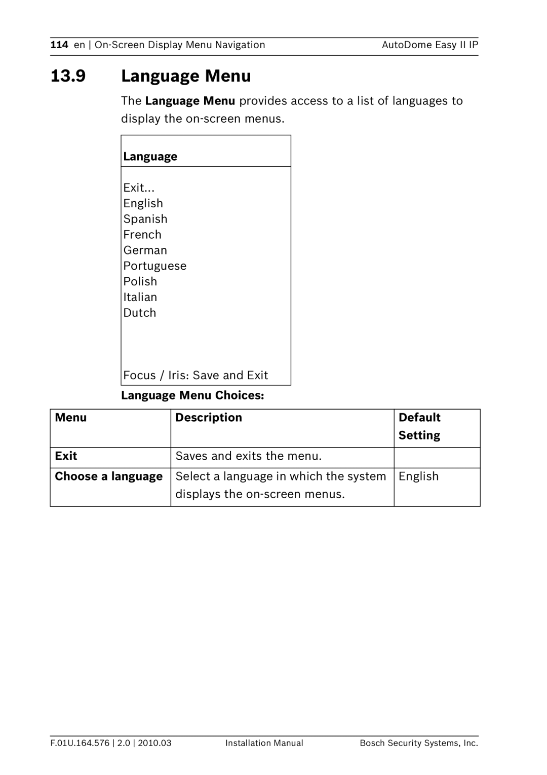 Bosch Appliances VEZ installation manual Language Menu 