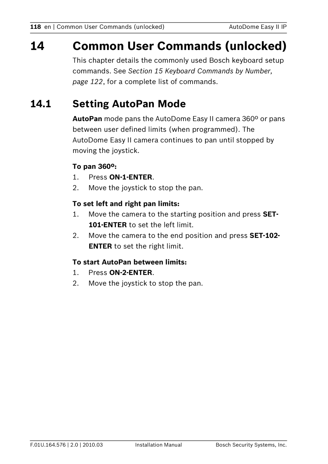 Bosch Appliances VEZ installation manual Common User Commands unlocked, Setting AutoPan Mode, To pan 360º Press ON-1-ENTER 