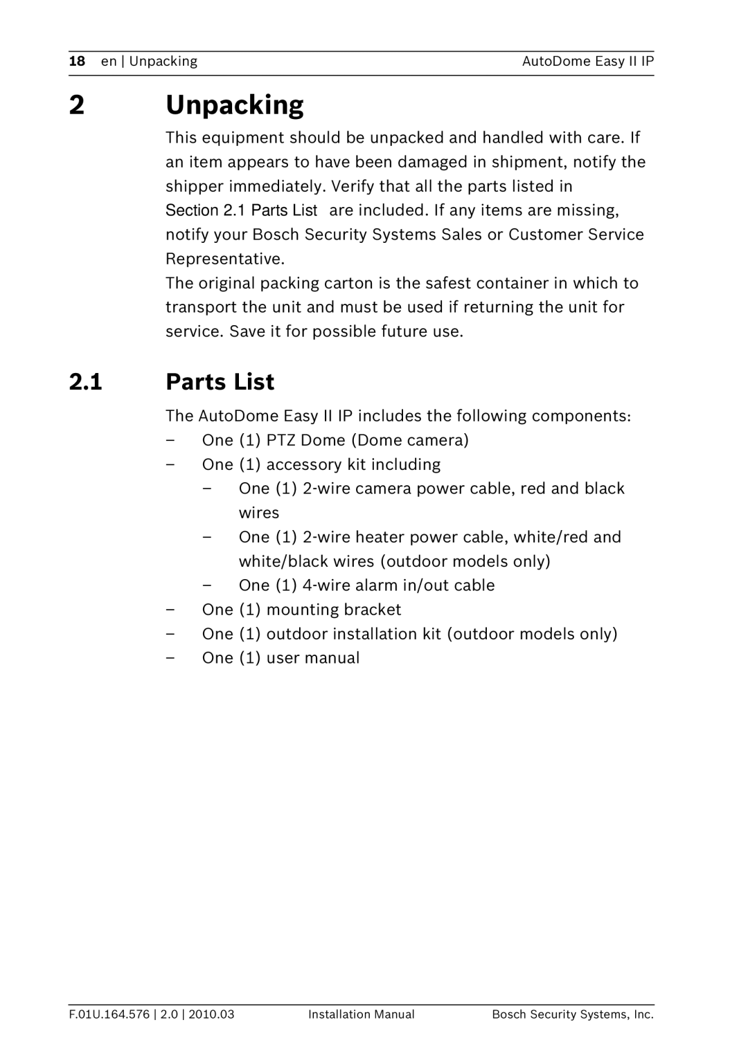 Bosch Appliances VEZ installation manual Unpacking, Parts List 