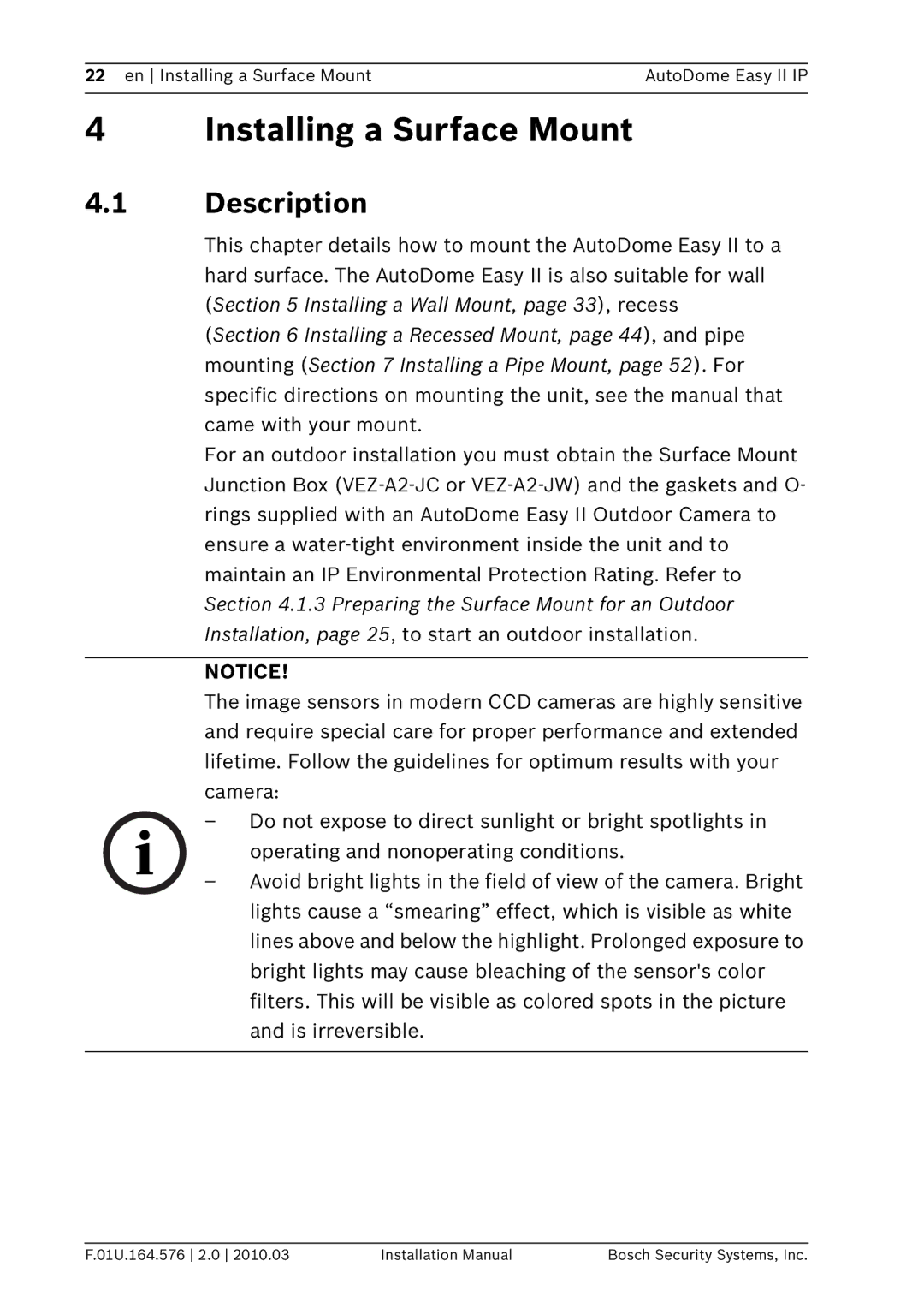 Bosch Appliances VEZ installation manual Installing a Surface Mount, Description 