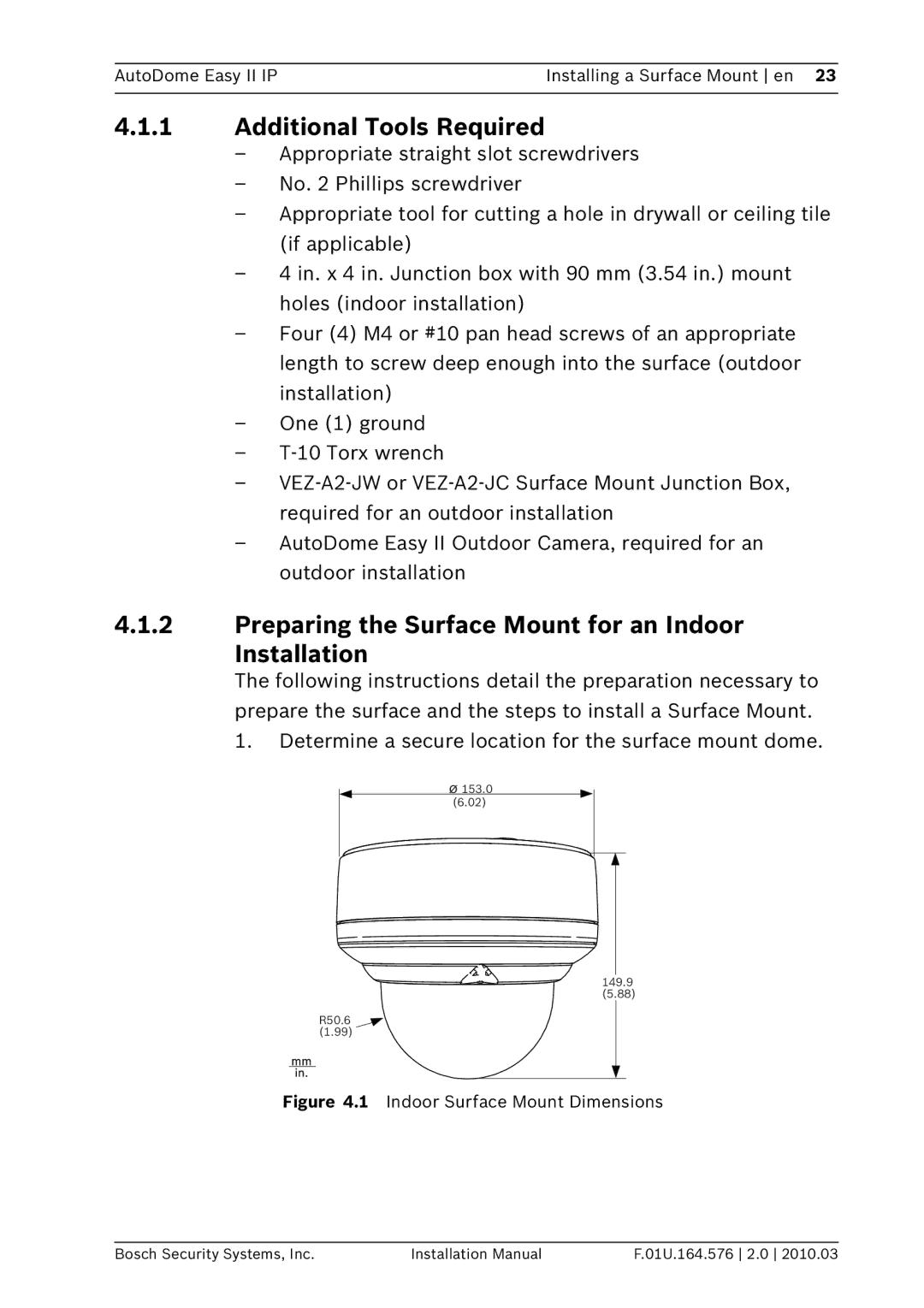 Bosch Appliances VEZ installation manual Additional Tools Required, Preparing the Surface Mount for an Indoor Installation 