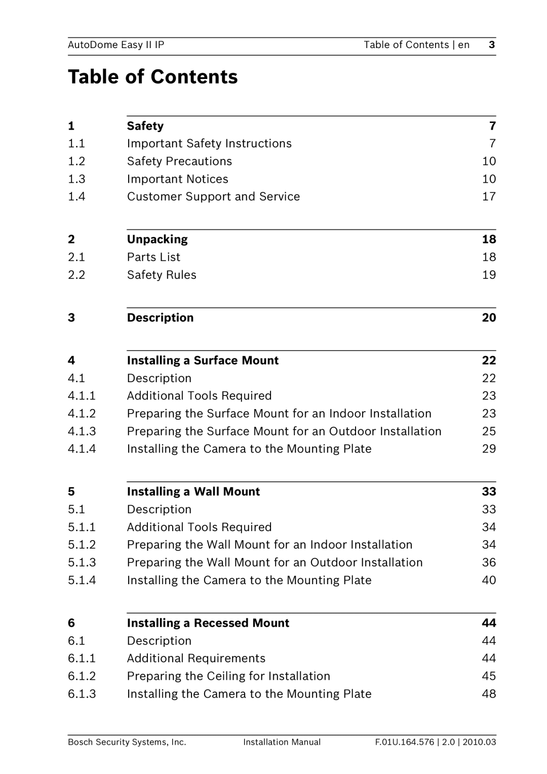 Bosch Appliances VEZ installation manual Table of Contents 