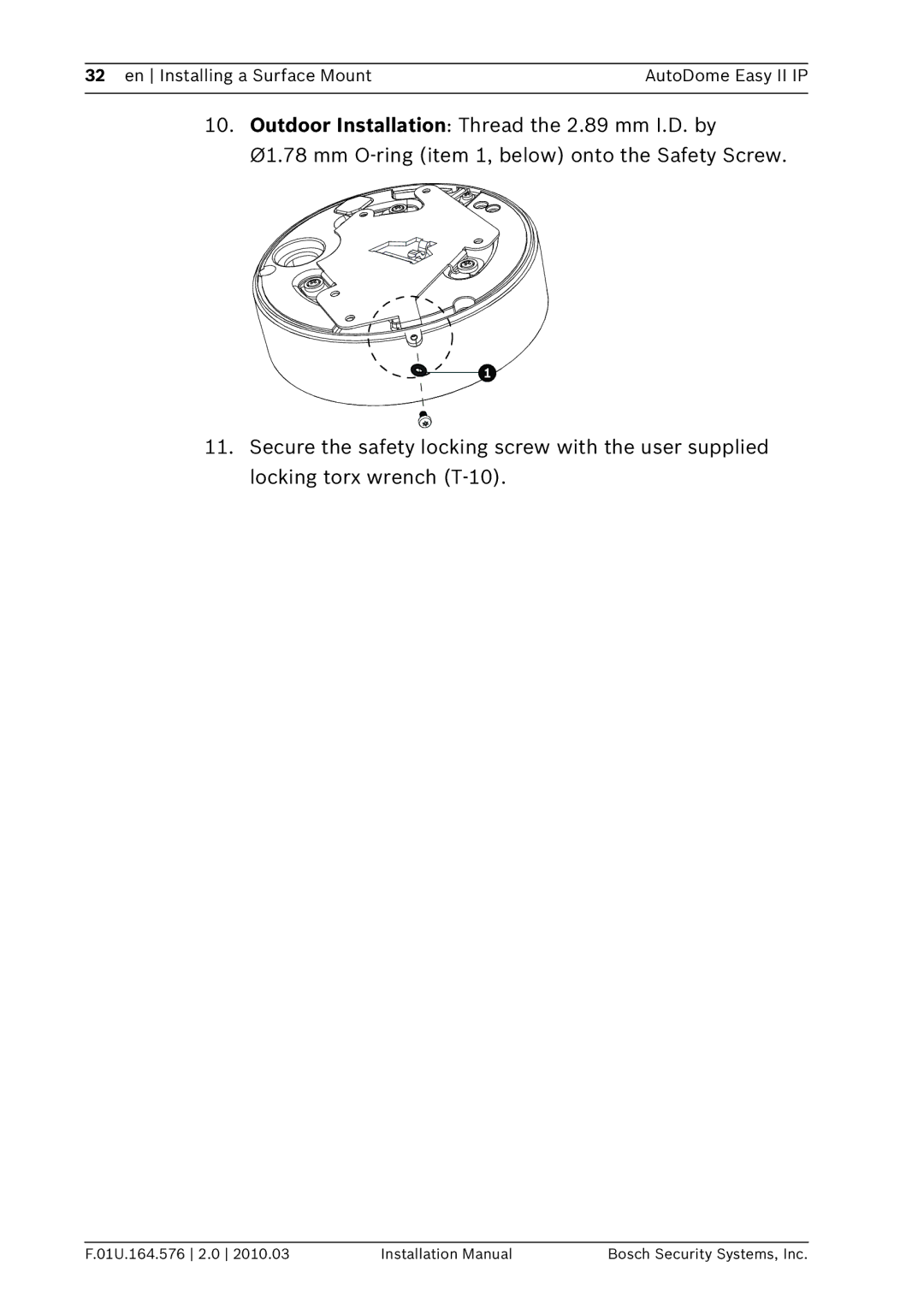 Bosch Appliances VEZ installation manual En Installing a Surface Mount AutoDome Easy II IP 