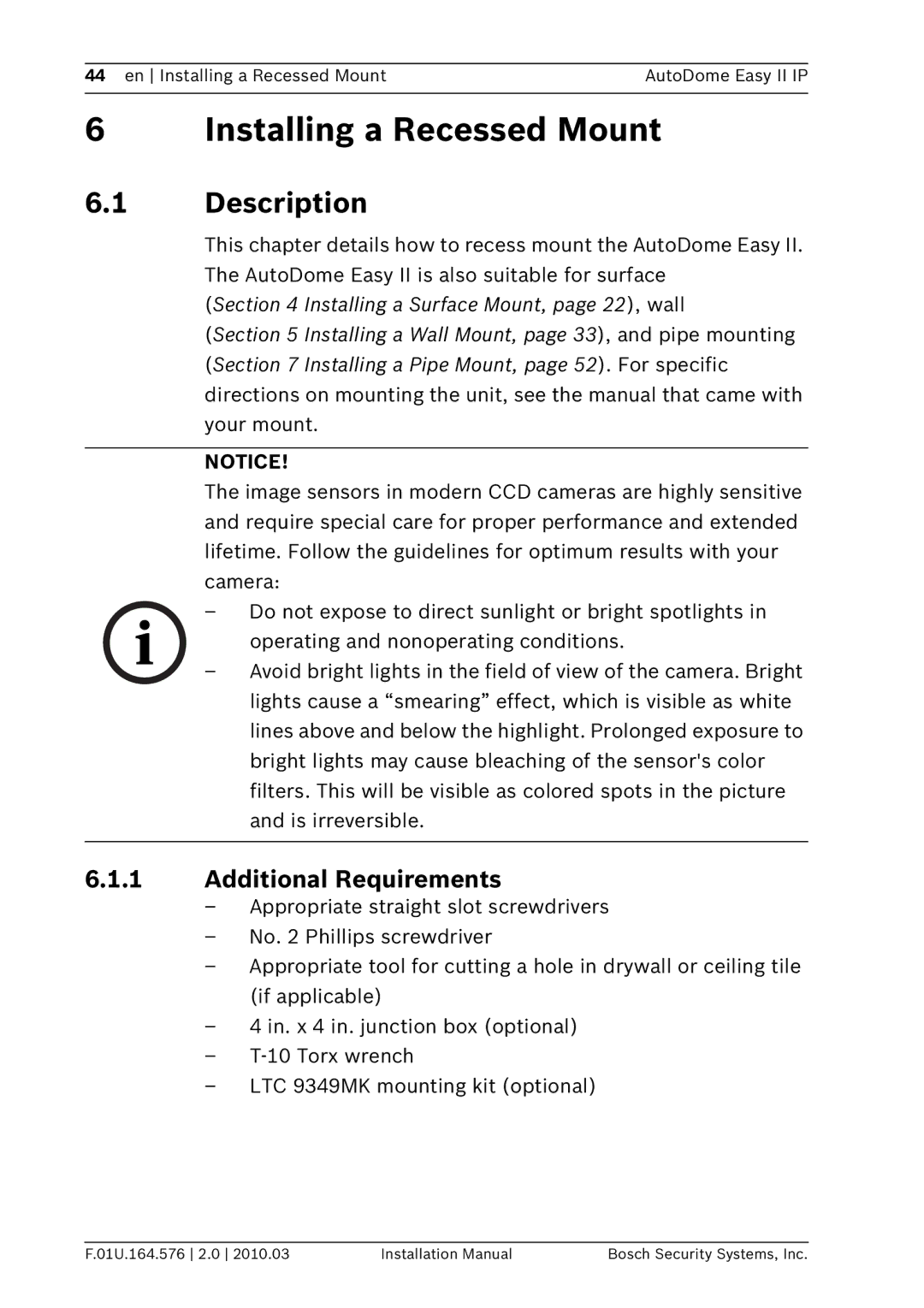 Bosch Appliances VEZ installation manual Installing a Recessed Mount, Additional Requirements 