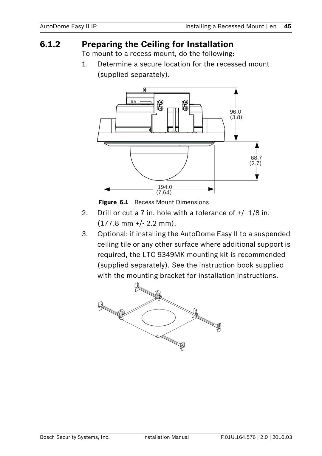 Bosch Appliances VEZ installation manual Preparing the Ceiling for Installation, Recess Mount Dimensions 