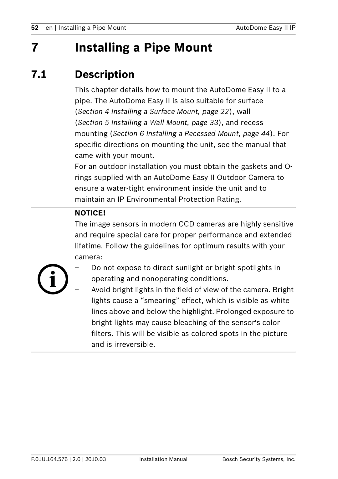 Bosch Appliances VEZ installation manual Installing a Pipe Mount, Description 